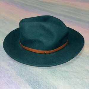 Free People Green Wool Fedora Hat Tan Leather Band Adjustable One Size